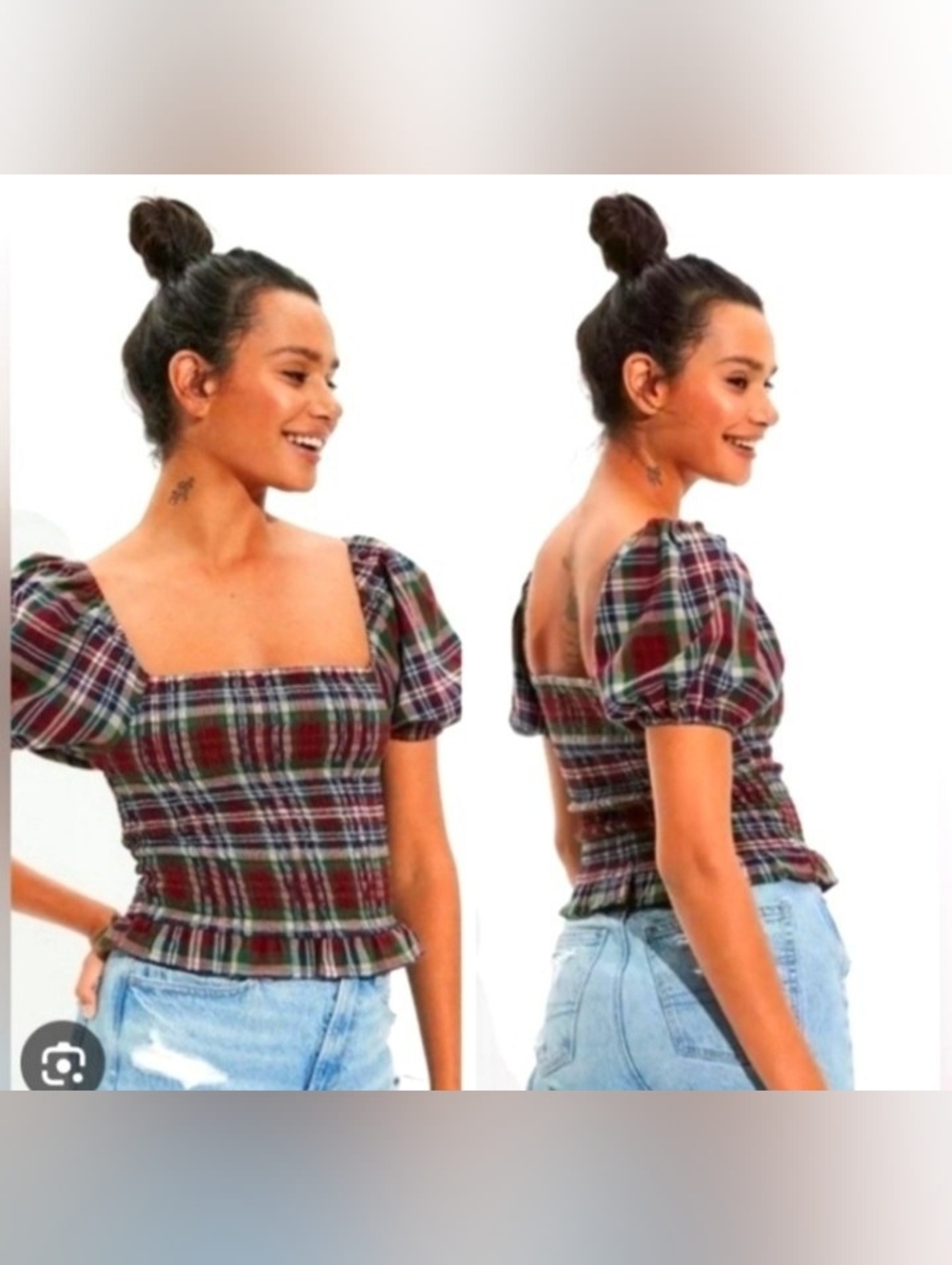 Cottagecore Plaid Square-Neck Puff Sleeve Top - Red Green Tartan Women's